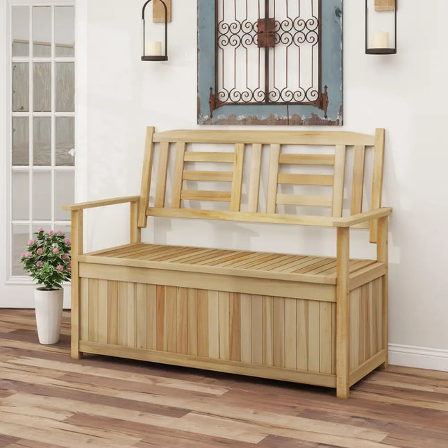 2-Person Garden Bench with 49 Gal Storage Bench and Backrestï»¿-Natural - Natural - Outdoor Benches