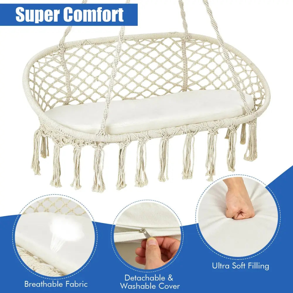 2 Person Hanging Hammock Chair with Cushion Macrame Swing-Beige - Beige - Hammocks