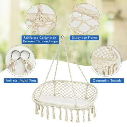 2 Person Hanging Hammock Chair with Cushion Macrame Swing-Beige - Beige - Hammocks