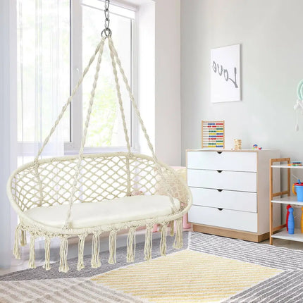 2 Person Hanging Hammock Chair with Cushion Macrame Swing-Beige - Beige - Hammocks
