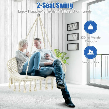 2 Person Hanging Hammock Chair with Cushion Macrame Swing-Beige - Beige - Hammocks