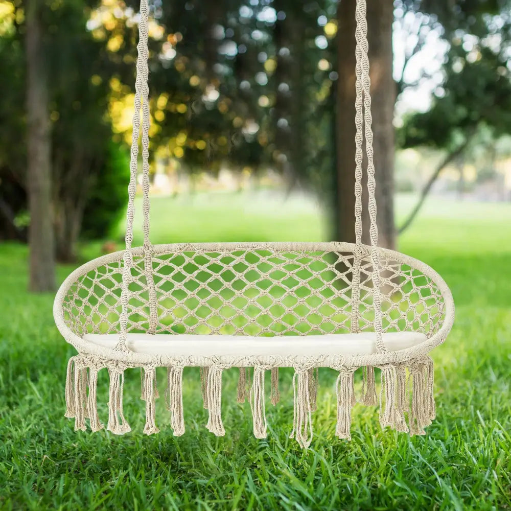 2 Person Hanging Hammock Chair with Cushion Macrame Swing-Beige - Beige - Hammocks