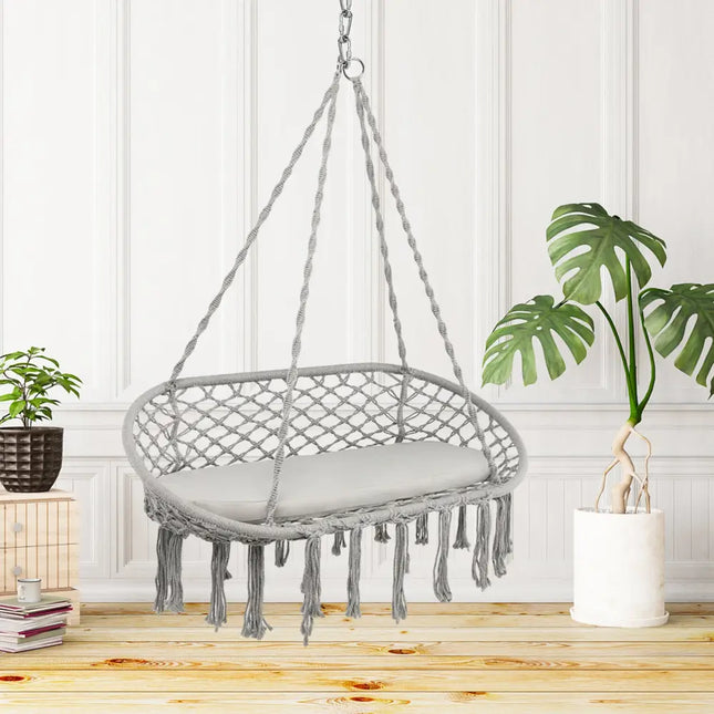 2 Person Hanging Hammock Chair with Cushion Macrame Swing-Gray - Gray - Hammocks