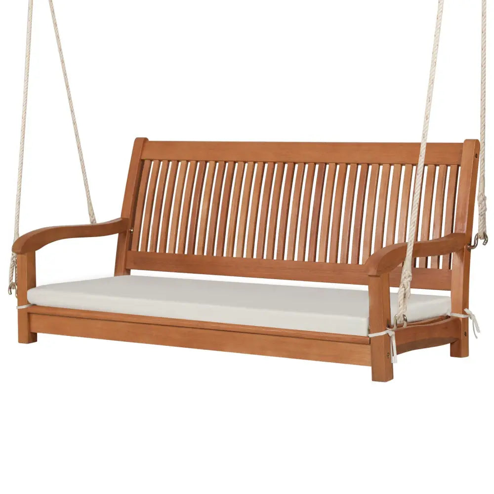 2-Person Hanging Porch Swing Wood Bench with Cushion Curved Back - Natural - Porch Swings