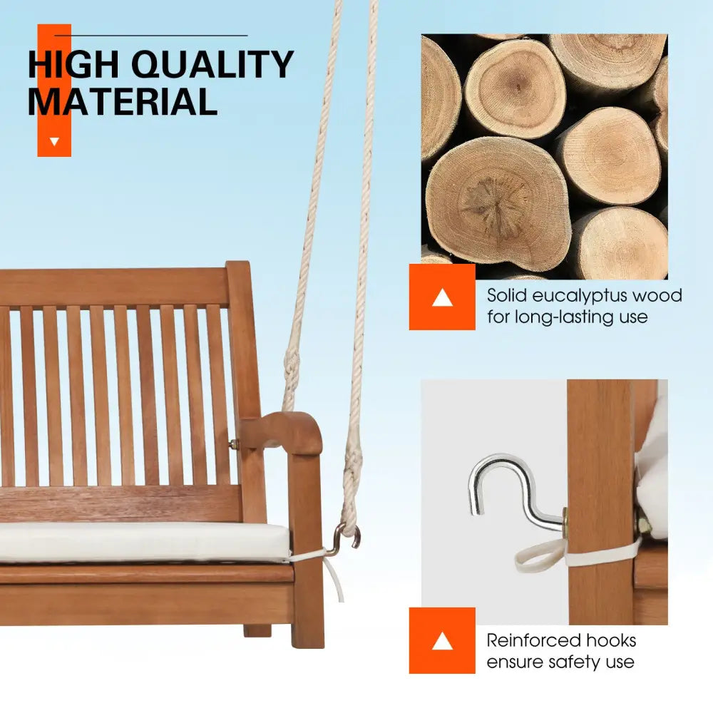2-Person Hanging Porch Swing Wood Bench with Cushion Curved Back - Natural - Porch Swings