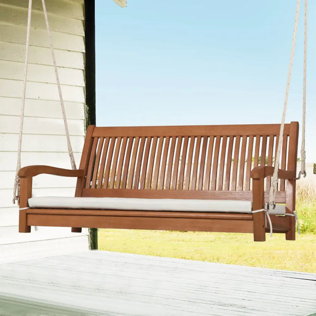 2-Person Hanging Porch Swing Wood Bench with Cushion Curved Back - Natural - Porch Swings