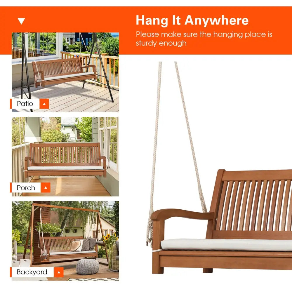 2-Person Hanging Porch Swing Wood Bench with Cushion Curved Back - Natural - Porch Swings