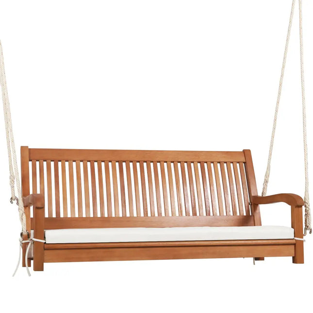 2-Person Hanging Porch Swing Wood Bench with Cushion Curved Back - Natural - Porch Swings