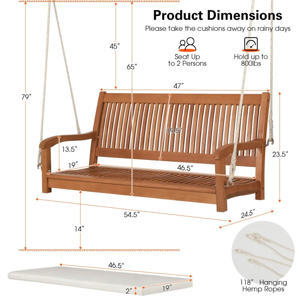 2-Person Hanging Porch Swing Wood Bench with Cushion Curved Back - Natural - Porch Swings