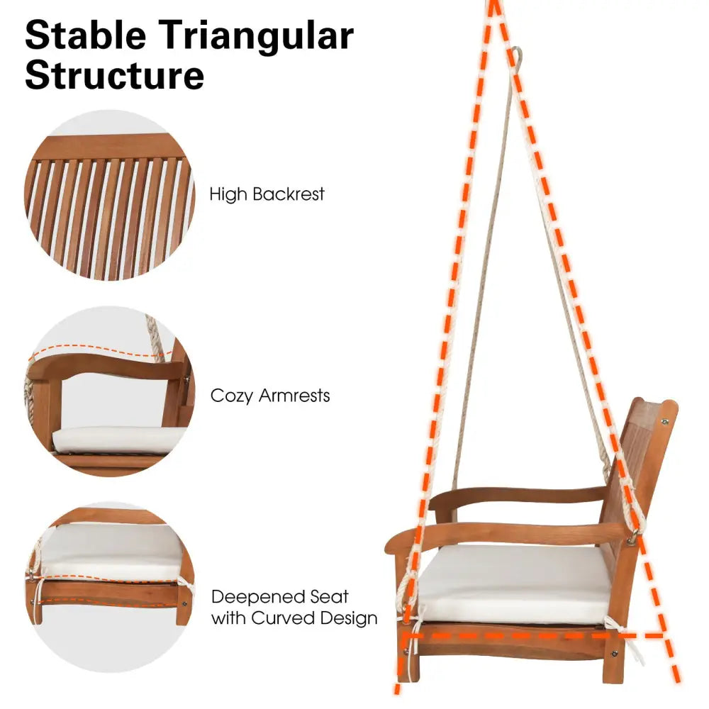 2-Person Hanging Porch Swing Wood Bench with Cushion Curved Back - Natural - Porch Swings