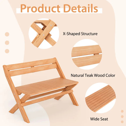 2-Person Indonesia Teak Wood Folding Outdoor Benches with Slatted Seat - Natural - Outdoor Benches