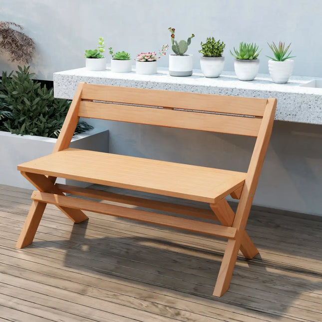 2-Person Indonesia Teak Wood Folding Outdoor Benches with Slatted Seat - Natural - Outdoor Benches