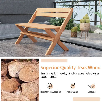 2-Person Indonesia Teak Wood Folding Outdoor Benches with Slatted Seat - Natural - Outdoor Benches