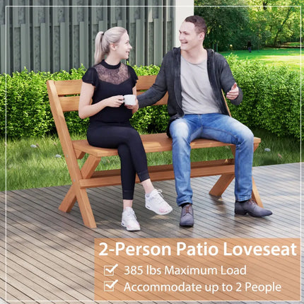 2-Person Indonesia Teak Wood Folding Outdoor Benches with Slatted Seat - Natural - Outdoor Benches