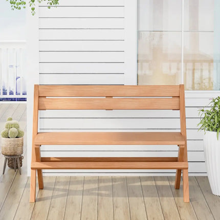 2-Person Indonesia Teak Wood Folding Outdoor Benches with Slatted Seat - Natural - Outdoor Benches