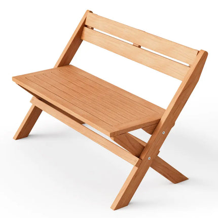 2-Person Indonesia Teak Wood Folding Outdoor Benches with Slatted Seat - Natural - Outdoor Benches