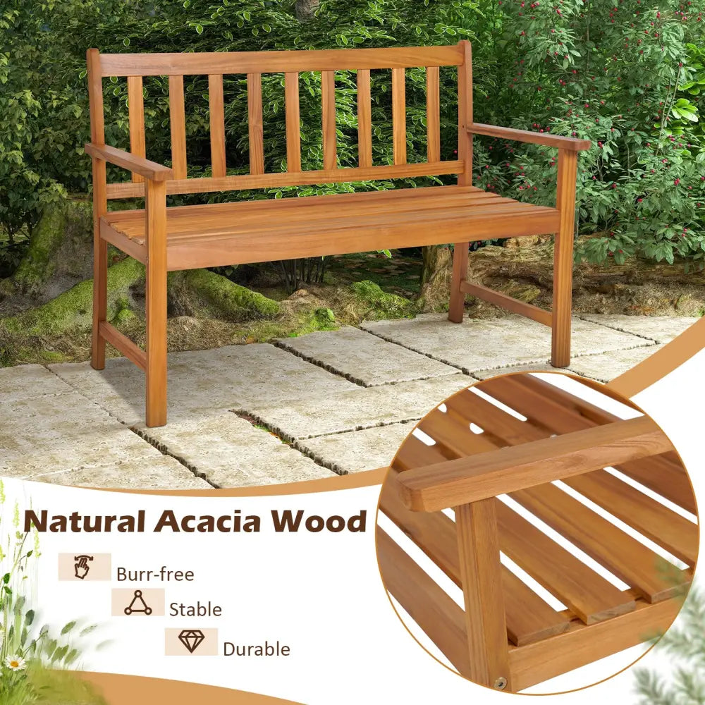 2-Person Outdoor Acacia Wood Bench with Backrest - Natural - Outdoor Benches