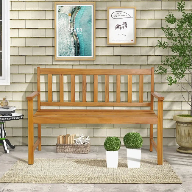 2-Person Outdoor Acacia Wood Bench with Backrest - Natural - Outdoor Benches