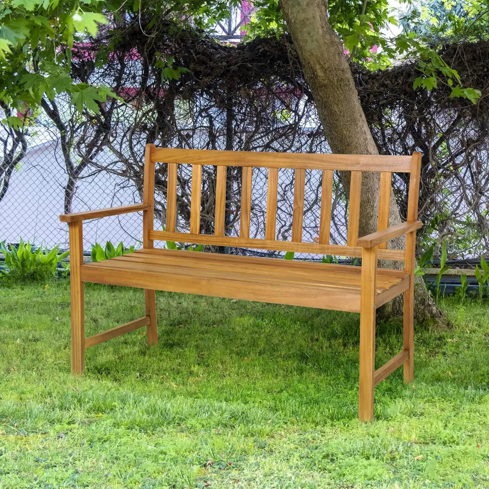 2-Person Outdoor Acacia Wood Bench with Backrest - Natural - Outdoor Benches