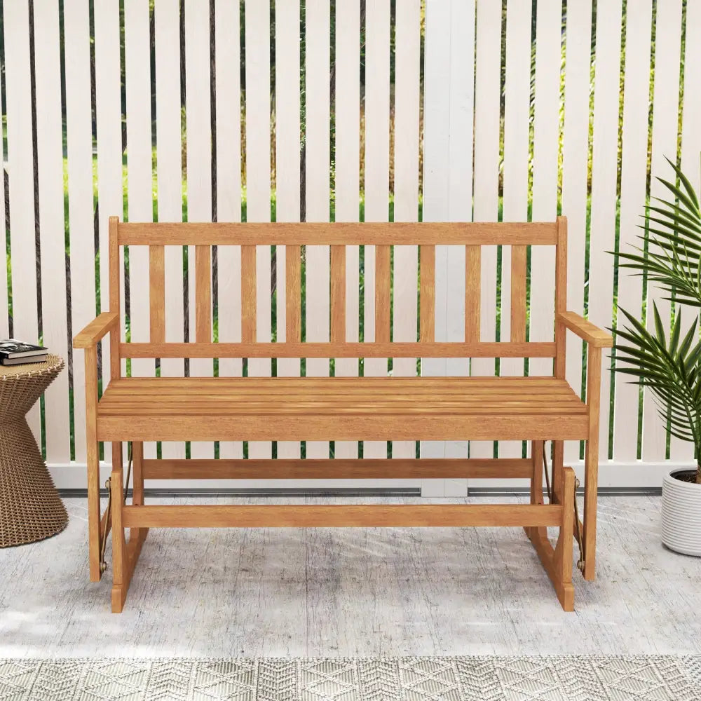 2-Person Outdoor Acacia Wood Glider Bench Patio Swing Rocking Loveseat - Natural - Outdoor Benches