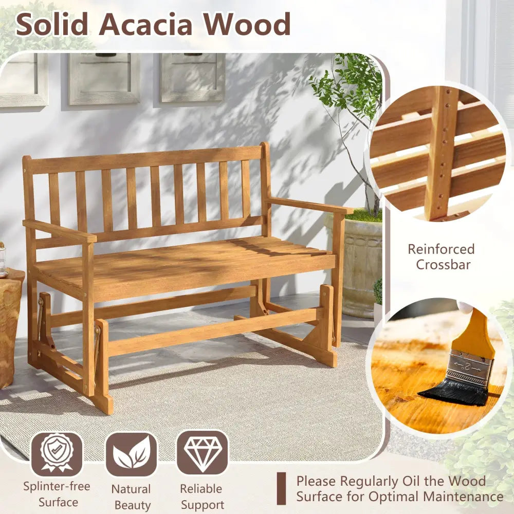2-Person Outdoor Acacia Wood Glider Bench Patio Swing Rocking Loveseat - Natural - Outdoor Benches