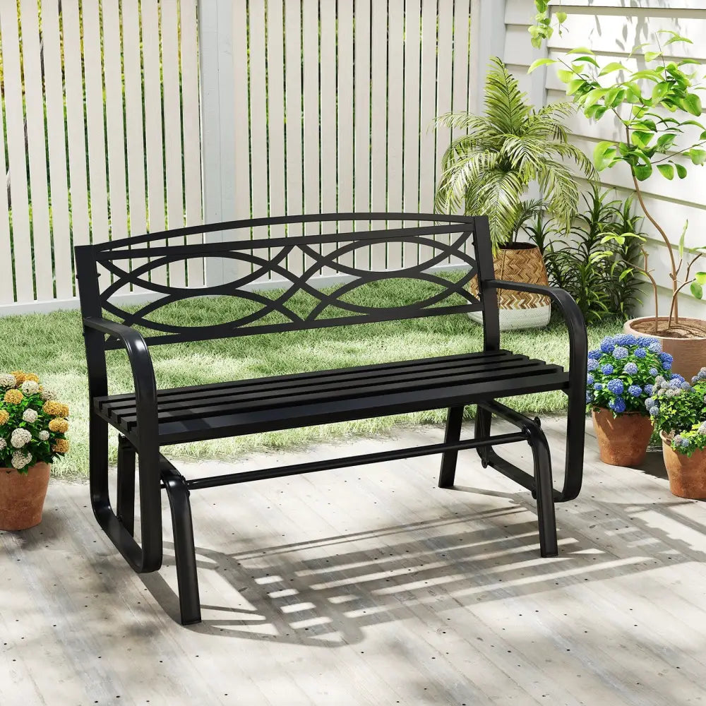 2-Person Outdoor Glider Bench with Metal Frame-Black - Black - Patio Rocking Chairs & Gliders