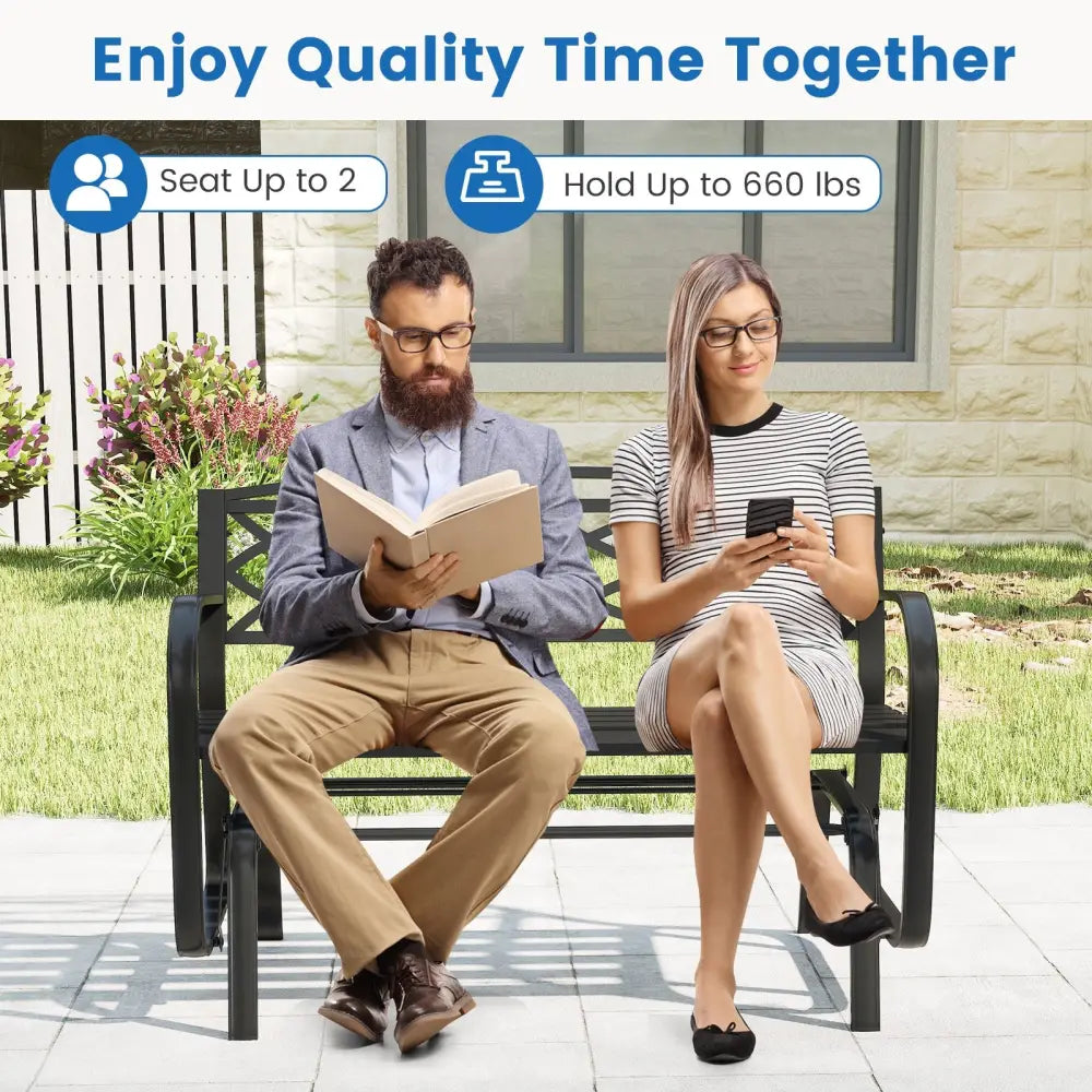 2-Person Outdoor Glider Bench with Metal Frame-Black - Black - Patio Rocking Chairs & Gliders