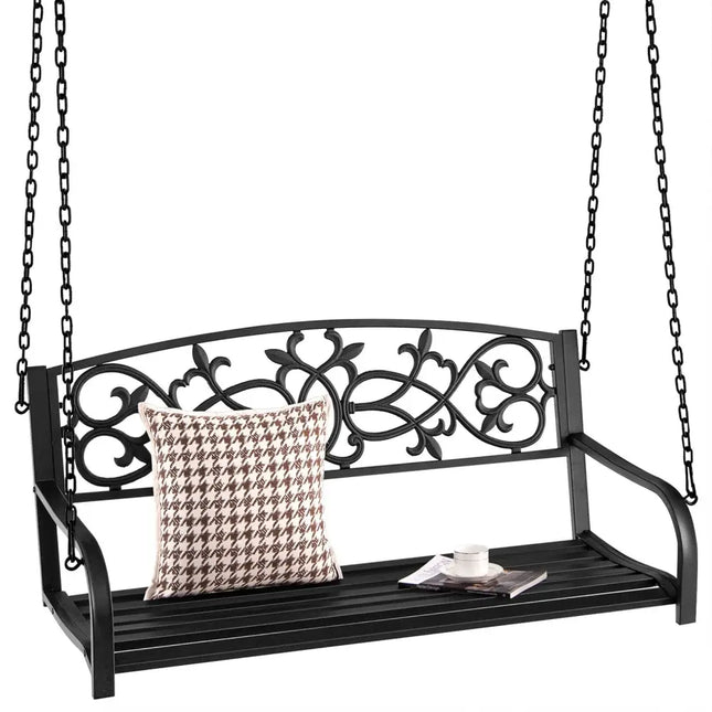 2-Person Outdoor Porch Metal Hanging Swing Chair with Sturdy Chains-Black - Black - Porch Swings