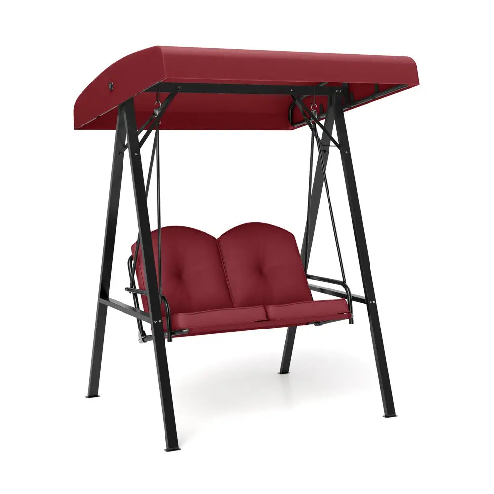 2-Person Outdoor Porch Swing with A-Shaped Metal Stand and Adjustable Canopy-Wine - Wine - Porch Swings