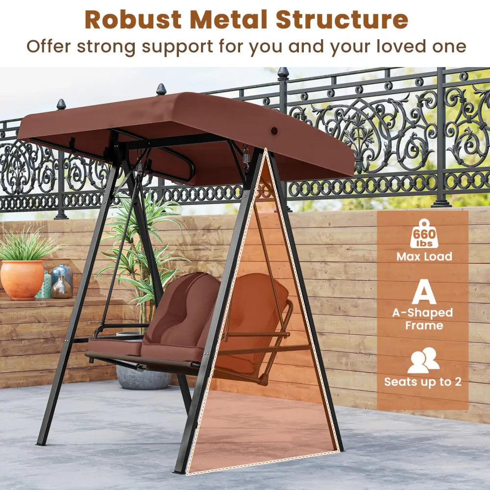 2-Person Outdoor Porch Swing with A-Shaped Metal Stand and Adjustable Canopy-Brown - Brown - Porch Swings