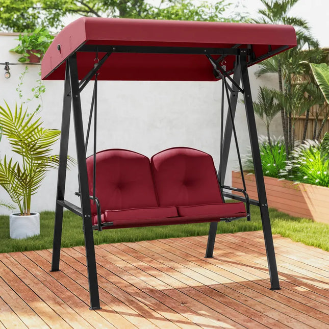 2-Person Outdoor Porch Swing with A-Shaped Metal Stand and Adjustable Canopy-Wine - Wine - Porch Swings