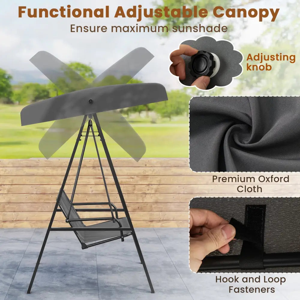 2-Person Outdoor Porch Swing with A-Shaped Metal Stand and Adjustable Canopy-Gray - Gray - Porch Swings