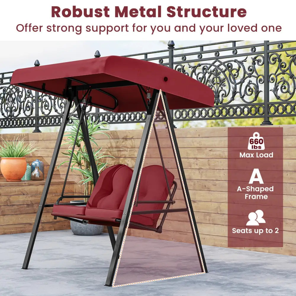 2-Person Outdoor Porch Swing with A-Shaped Metal Stand and Adjustable Canopy-Wine - Wine - Porch Swings