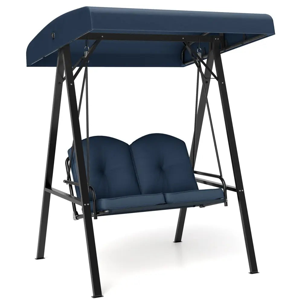 2-Person Outdoor Porch Swing with A-Shaped Metal Stand and Adjustable Canopy-Navy - Navy - Porch Swings