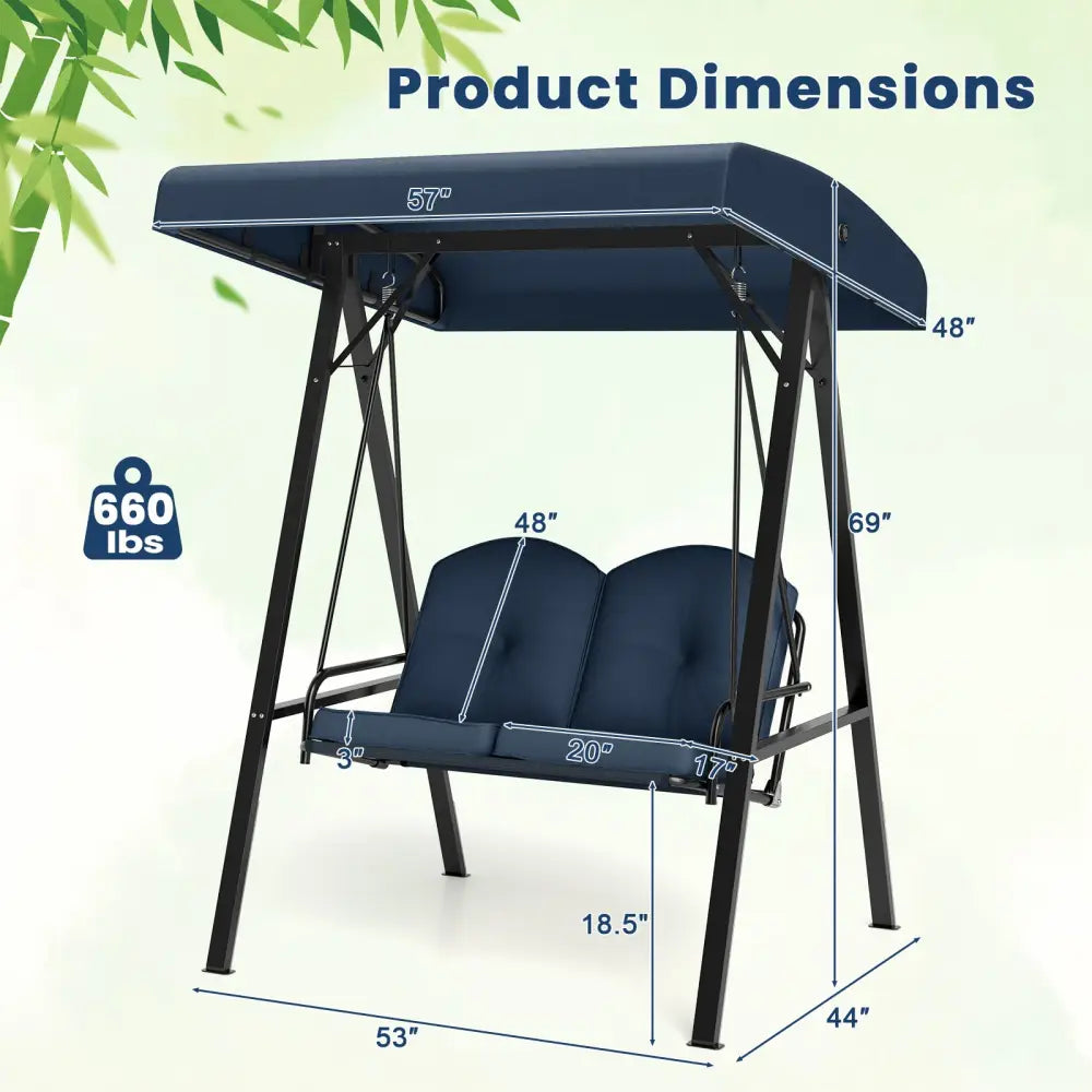 2-Person Outdoor Porch Swing with A-Shaped Metal Stand and Adjustable Canopy-Navy - Navy - Porch Swings
