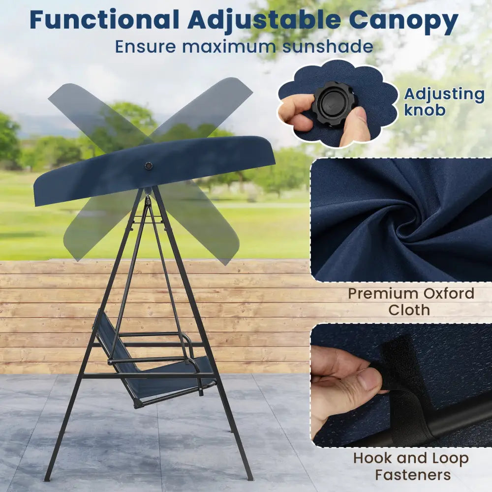 2-Person Outdoor Porch Swing with A-Shaped Metal Stand and Adjustable Canopy-Navy - Navy - Porch Swings