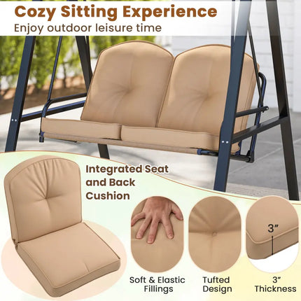 2-Person Outdoor Porch Swing with A-Shaped Metal Stand and Adjustable Canopy-Beige - Beige - Porch Swings