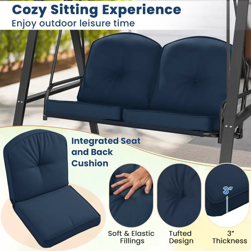 2-Person Outdoor Porch Swing with A-Shaped Metal Stand and Adjustable Canopy-Navy - Navy - Porch Swings