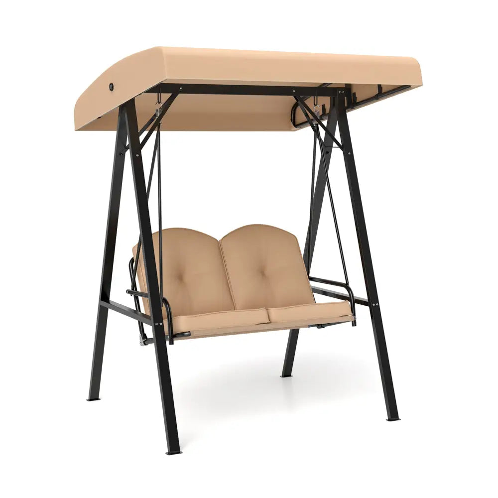 2-Person Outdoor Porch Swing with A-Shaped Metal Stand and Adjustable Canopy-Beige - Beige - Porch Swings