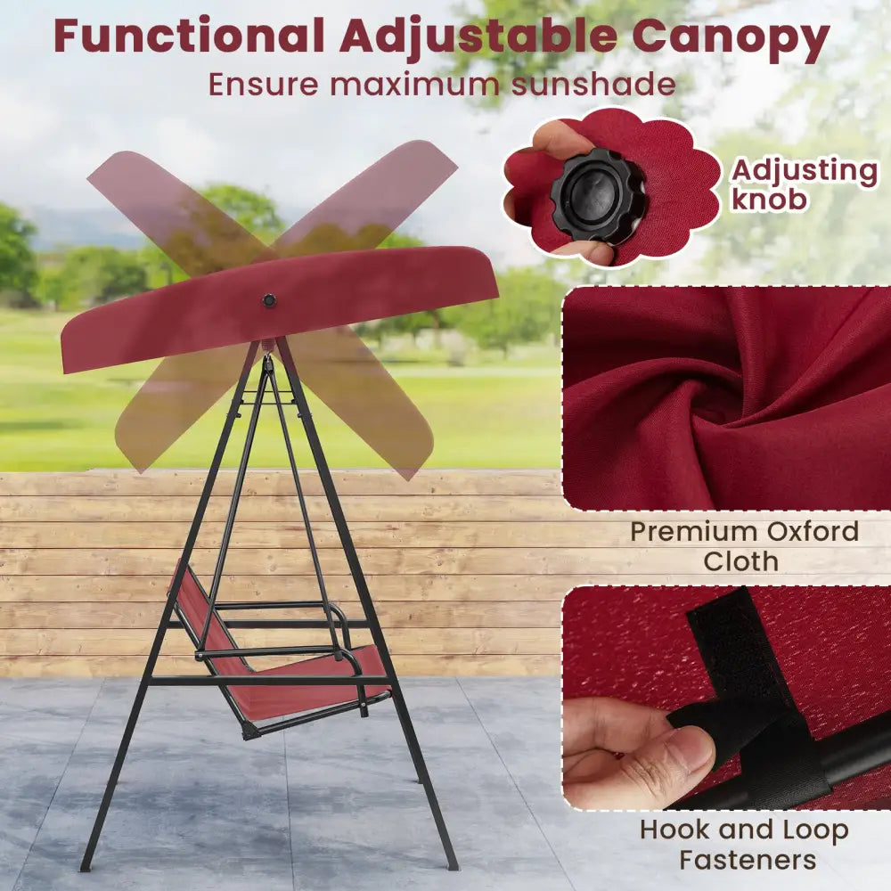 2-Person Outdoor Porch Swing with A-Shaped Metal Stand and Adjustable Canopy-Wine - Wine - Porch Swings