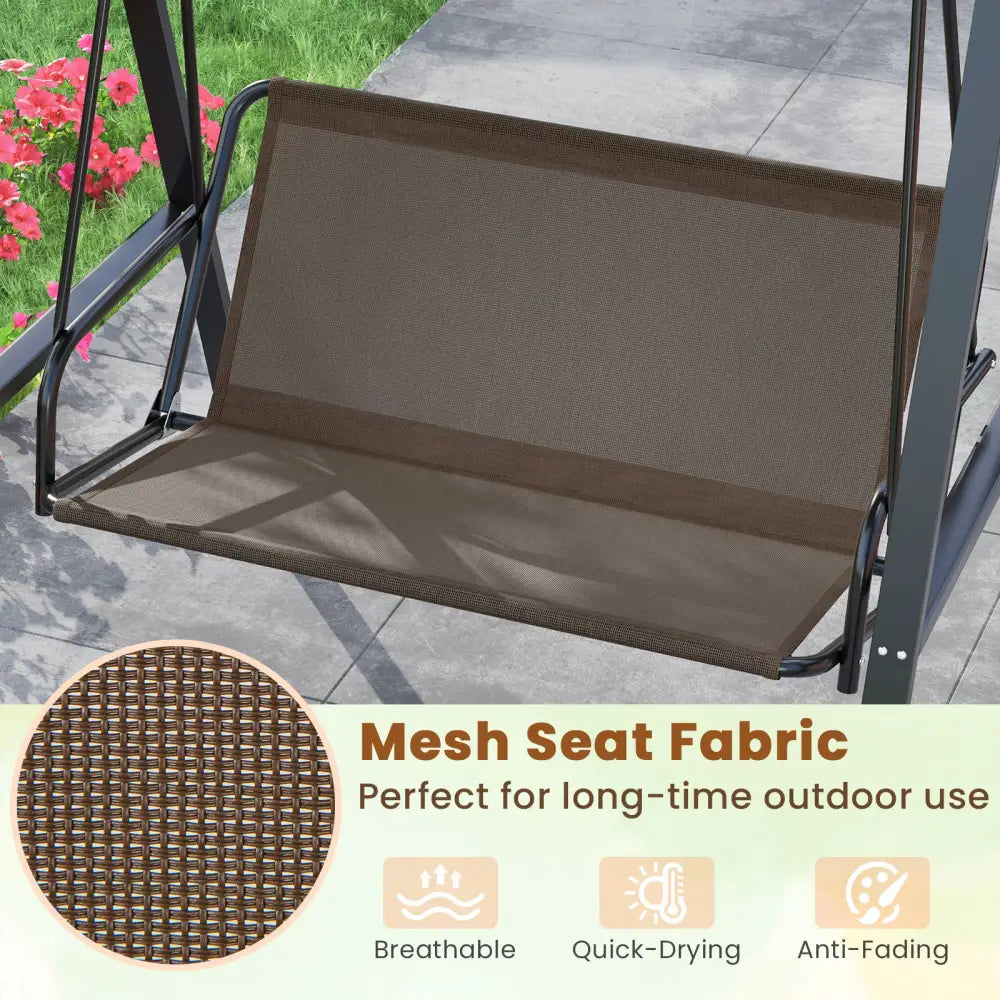 2-Person Outdoor Porch Swing with A-Shaped Metal Stand and Adjustable Canopy-Brown - Brown - Porch Swings
