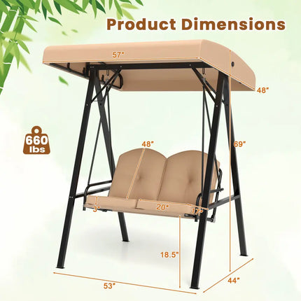 2-Person Outdoor Porch Swing with A-Shaped Metal Stand and Adjustable Canopy-Beige - Beige - Porch Swings