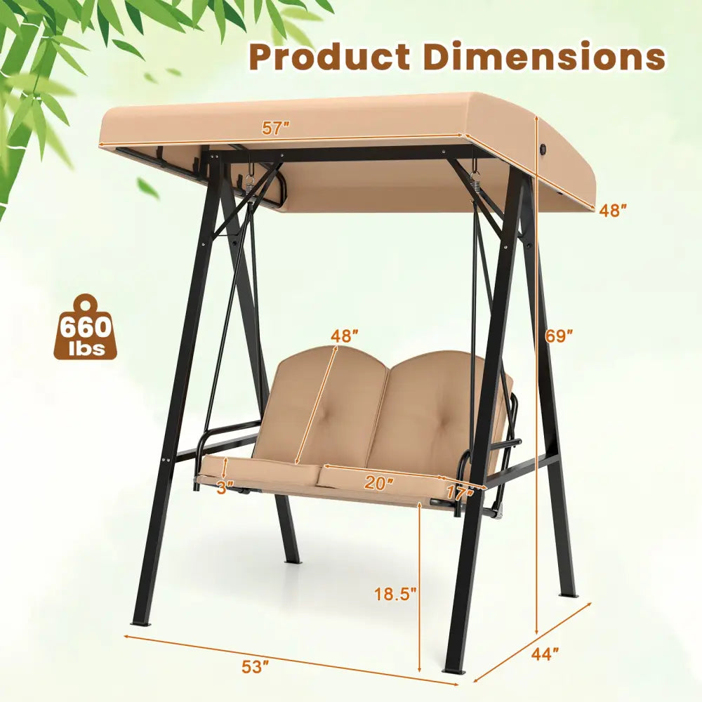 2-Person Outdoor Porch Swing with A-Shaped Metal Stand and Adjustable Canopy-Beige - Beige - Porch Swings