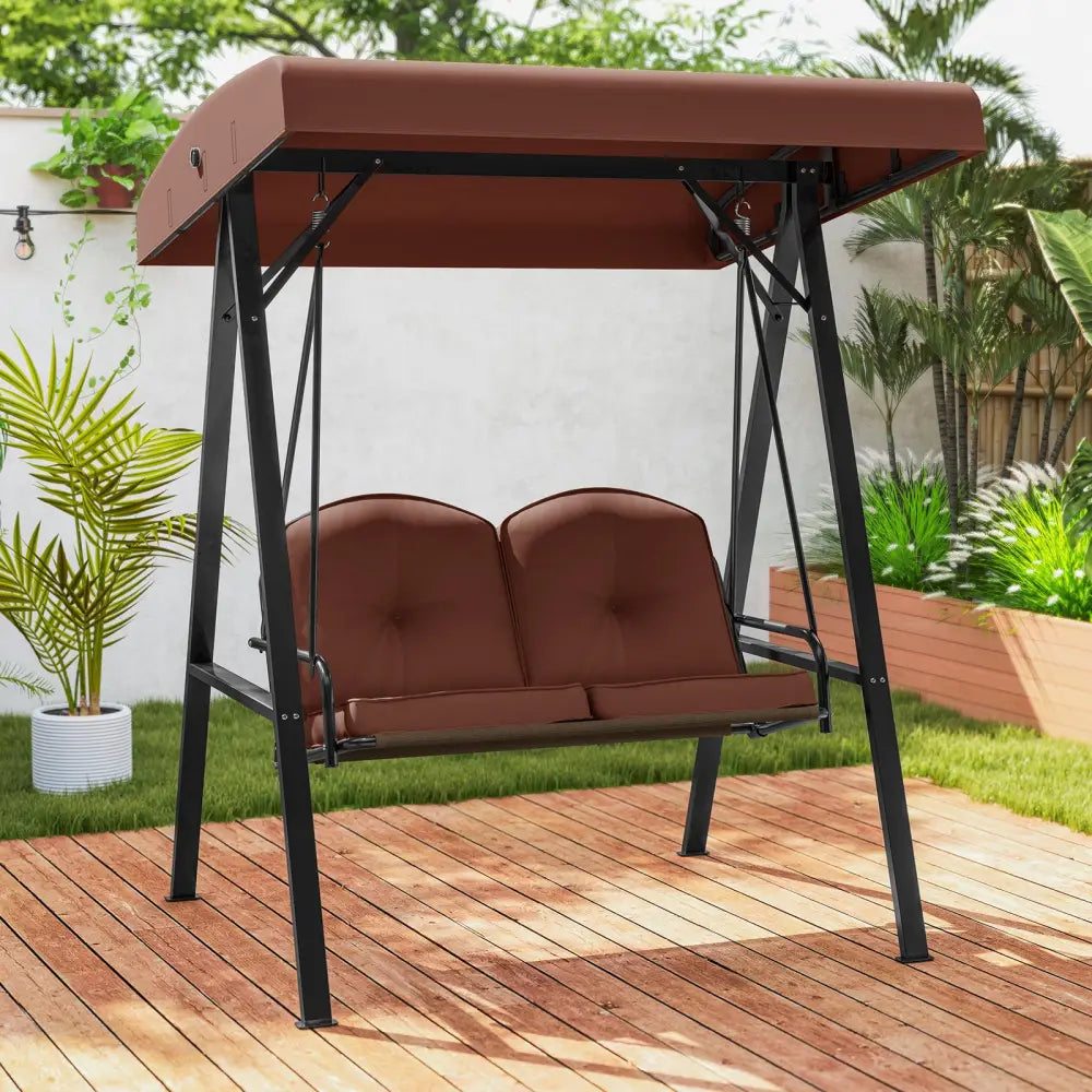 2-Person Outdoor Porch Swing with A-Shaped Metal Stand and Adjustable Canopy-Brown - Brown - Porch Swings