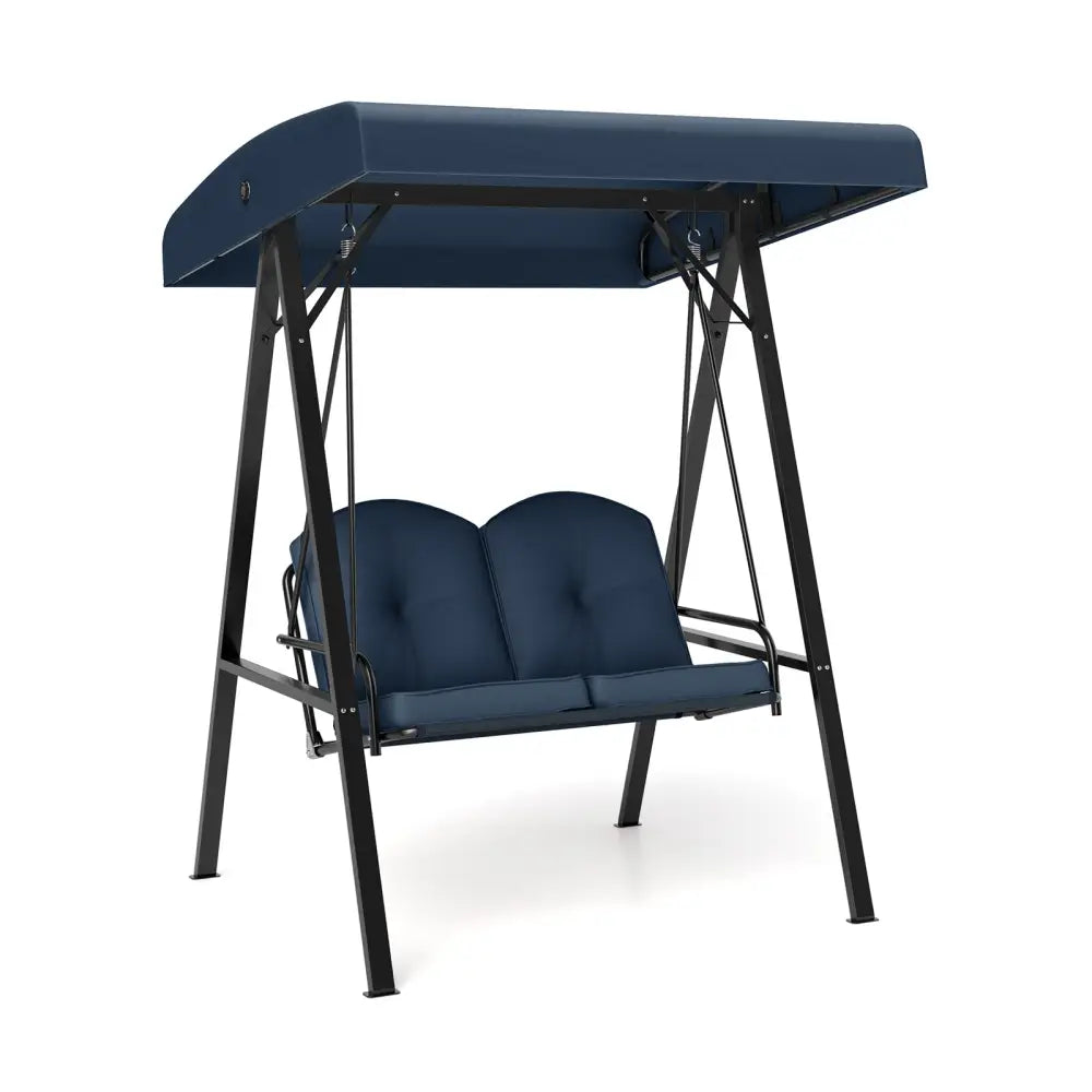 2-Person Outdoor Porch Swing with A-Shaped Metal Stand and Adjustable Canopy-Navy - Navy - Porch Swings