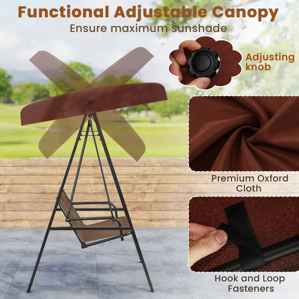 2-Person Outdoor Porch Swing with A-Shaped Metal Stand and Adjustable Canopy-Brown - Brown - Porch Swings