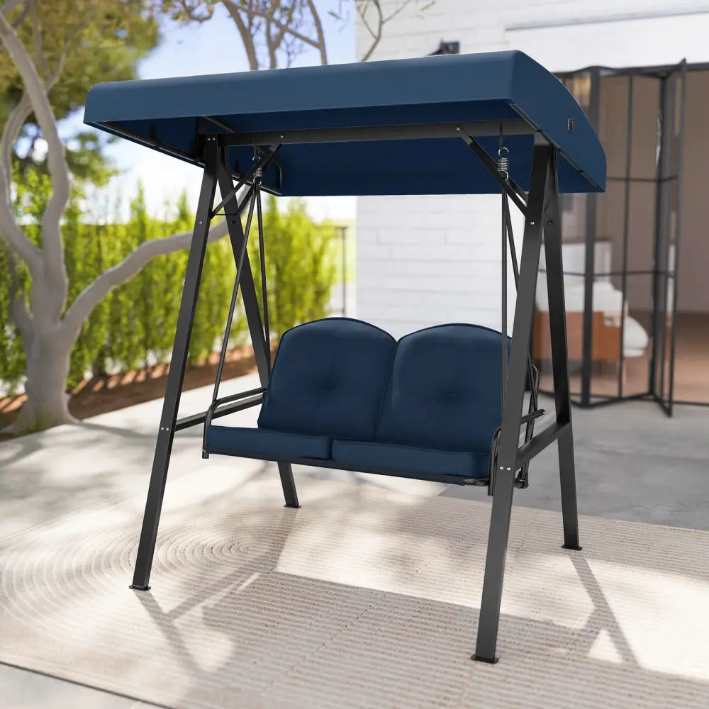 2-Person Outdoor Porch Swing with A-Shaped Metal Stand and Adjustable Canopy-Navy - Navy - Porch Swings