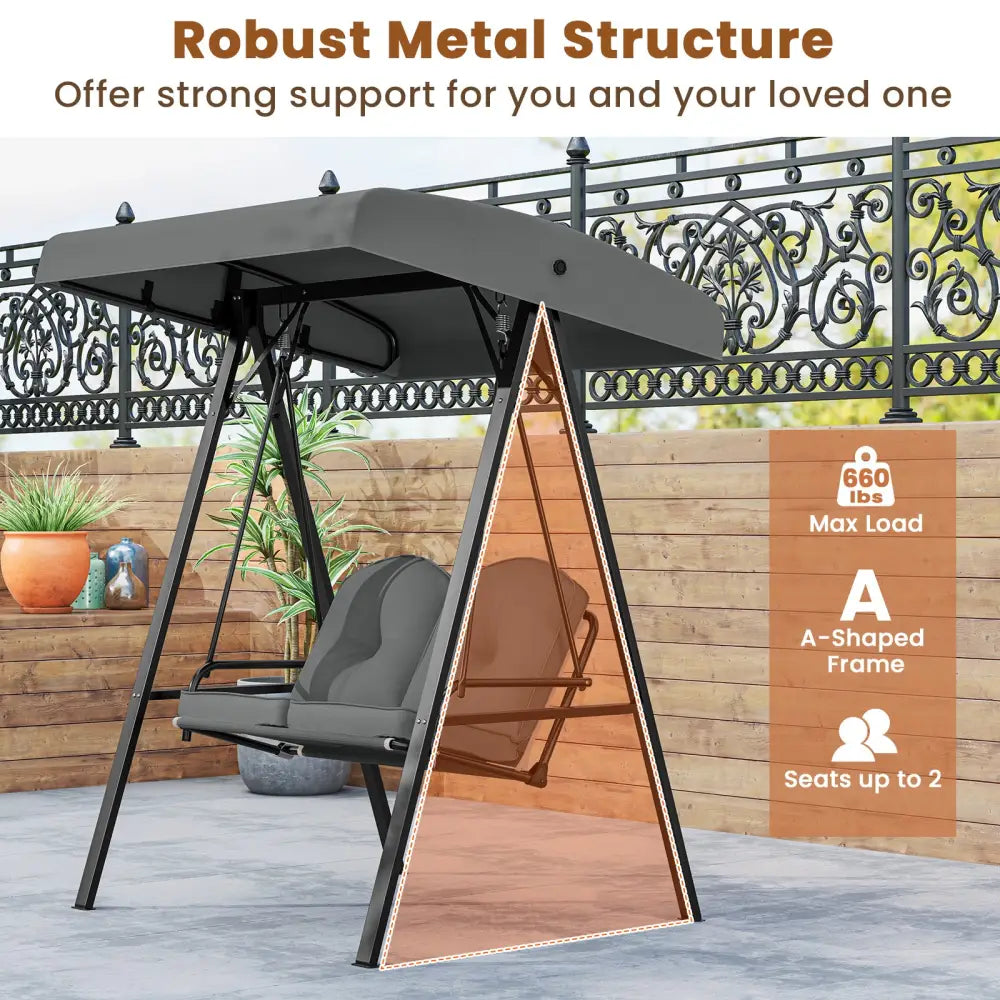 2-Person Outdoor Porch Swing with A-Shaped Metal Stand and Adjustable Canopy-Gray - Gray - Porch Swings
