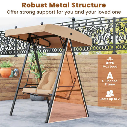 2-Person Outdoor Porch Swing with A-Shaped Metal Stand and Adjustable Canopy-Beige - Beige - Porch Swings