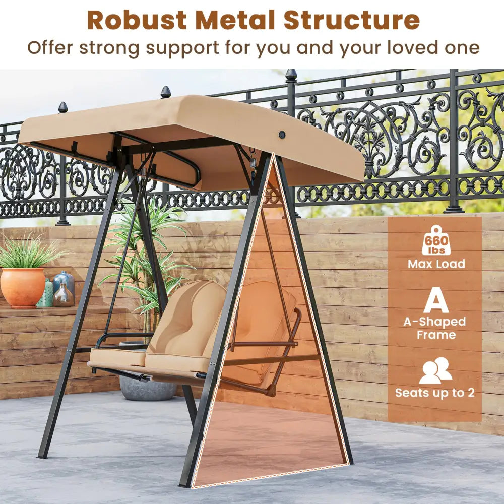 2-Person Outdoor Porch Swing with A-Shaped Metal Stand and Adjustable Canopy-Beige - Beige - Porch Swings